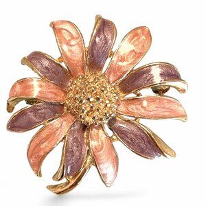 Vintage Mio Enamel Flower Brooch Pin Marbled Pink Purple Gold Tone Signed